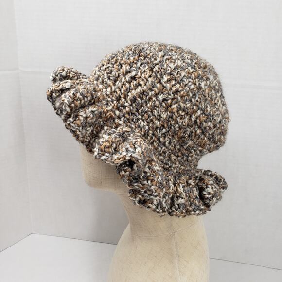 Handmade Crochet Brown Ruffle Bucket Hat Bohemian Casual Festival Neutral Fall - Picture 4 of 16